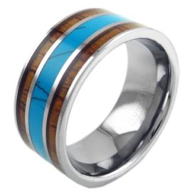10mm tungsten ring with turquoise between koa wood