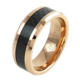 BEAUTIFUL ROSE GOLD PLATED TUNGSTEN RING WITH BLACK CARBON FIBER INLAY