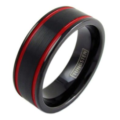 black tungsten ring two red racing stripes