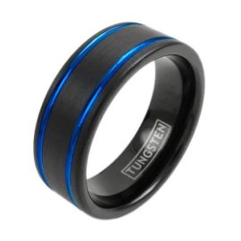 black tungsetn ring two double blue racing stripes