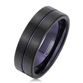 black tungsten ring band purple stripe line purple inside