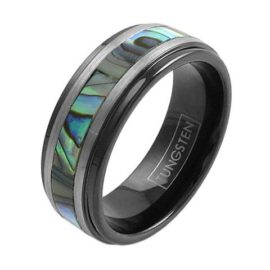 black tungsten ring band with abalone silver stripes