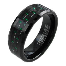 black tungsten ring band with black green carbon fiber