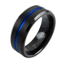black tungsten ring band with blue stripe line
