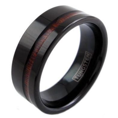 black tungsten ring band with koa inlay