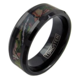 black tungsten ring band with leaf camo