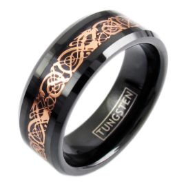 black tungsten ring band with rose gold celtic dragon