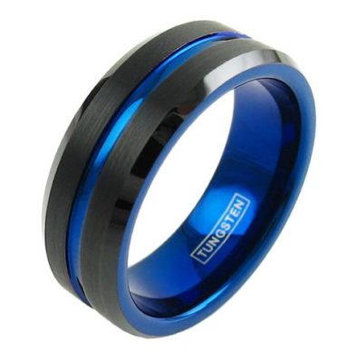 black tungsten ring blue stripe blue inside