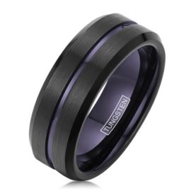 black tungsten ring purple stripe line purple inside beveled