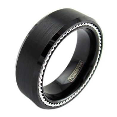black tungsten ring silve rope