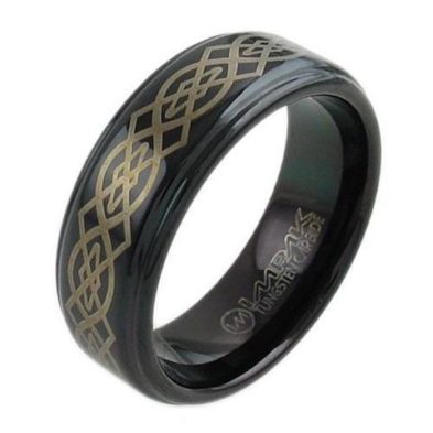 black tungsten ring wedding band with 14k gold celtic knot