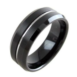 black tungsten ring wedding band with silver line
