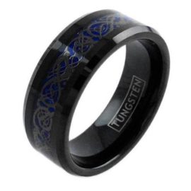 black tungsten ring with blue celtic dragon