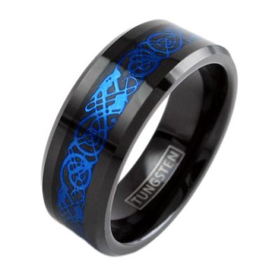 black tungsten ring with blue celtic dragon design