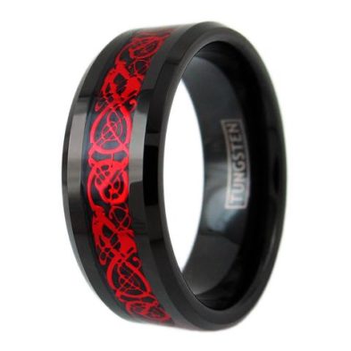black tungsten ring with red celtic dragon