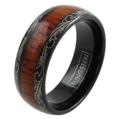 black tungsten ring with wood leaf edge