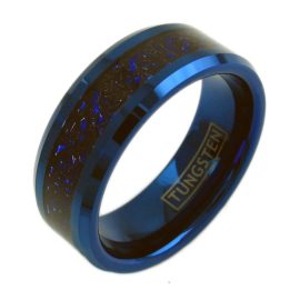blue tungsten ring band with black dragon celtic