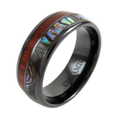ceramic ring with abalone wood inlay