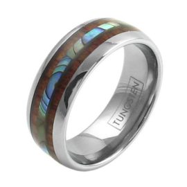 elegant silver tungsten ring with abalone inlay koa wood stripes