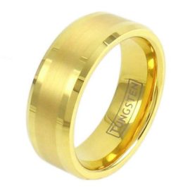 gold tungsten ring with satin stripe wedding band