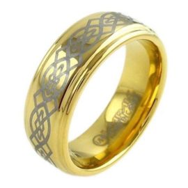 gold tungsten ring with silver dragon celtic design