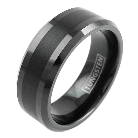 Minimalist Black Miami Tungsten Ring w/ Brushed Finish Beveled Edges ...