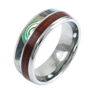 modern silver tungsten ring with koa wood abalone inlay