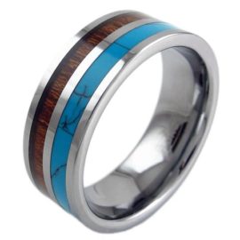 silver flat tungsten ring band turquoise koa wood