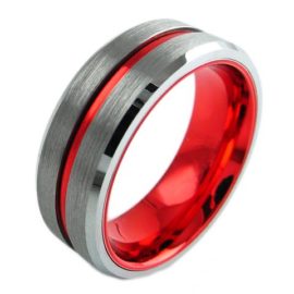 silver tungsten ring red stripe line red inside