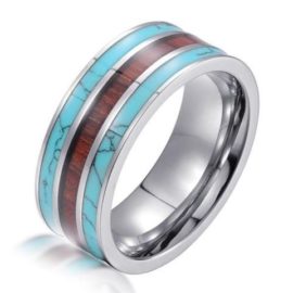 silver tungsten ring turquoise koa wood