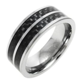 silver tungsten ring wedding band with carbon fiber double