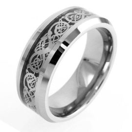 silver tungsten ring wedding band with silver celtic dragon
