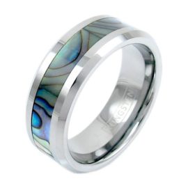silver tungsten ring with abalone inlay mirror