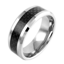silver tungsten ring with black carbon fiber