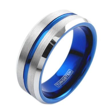 silver tungsten ring with blue strip blue inside