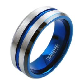 silver tungsten ring with blue stripe blue inside