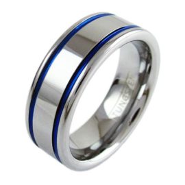 silver tungsten ring with two blue stripes racing