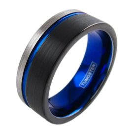 three tone black blue silver tungsten ring