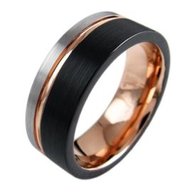 three tone black tungsten ring with rose gold