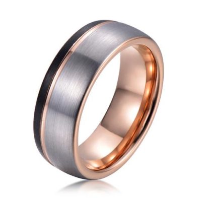 three tone silver rose gold black tungsten ring band