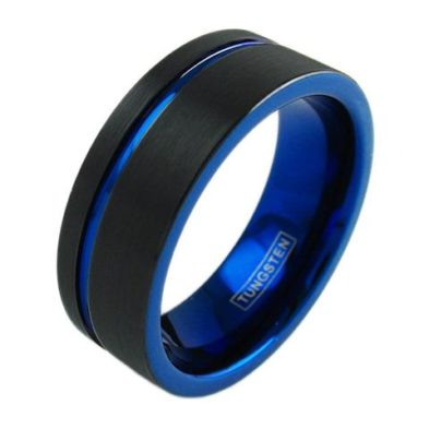 two tone black flat tungsten ring cobalt blue inside