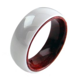 white ceramic ring with koa wood inside