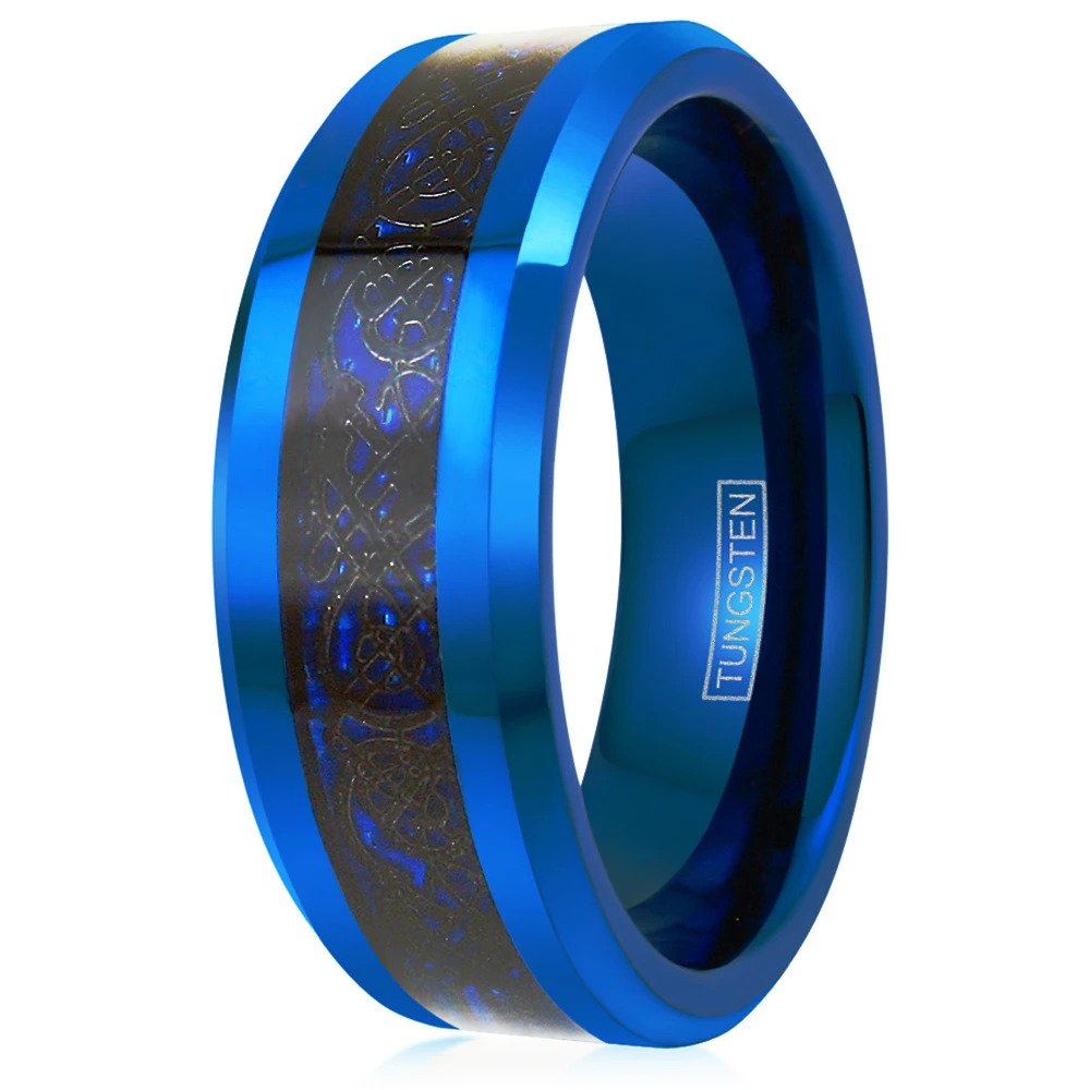 blue tungsten band with black celtic design - IntelliRings