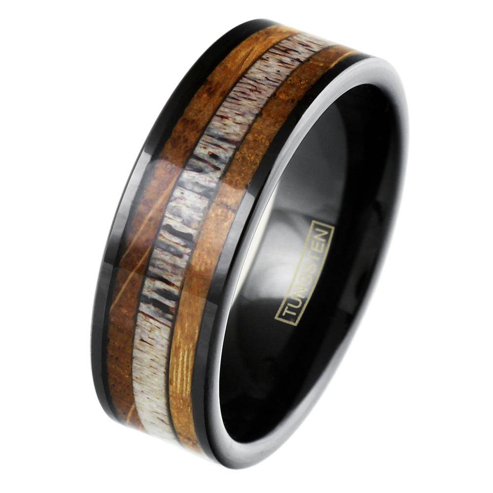 iTungsten 8mm Silver//Black//Rose Gold Tungsten Carbide Rings for Men Women Wedding Bands Whiskey Barrel Oak Wood Deer Antler Inlay Polished Shiny