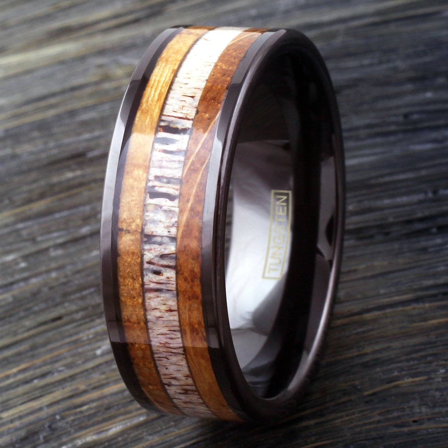 black tungsten ring w/ deer antler whiskey oak barrel