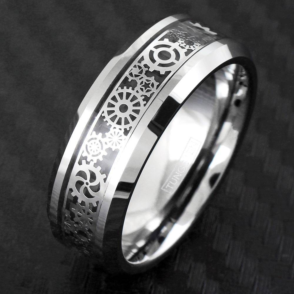 Silver Tungsten Ring With Black Clock Work Gearbox - IntelliRings