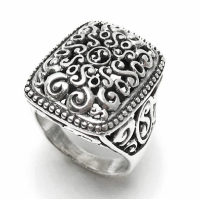 Intricate Square Scroll Ring with Beaded Border in Sterling Silver.