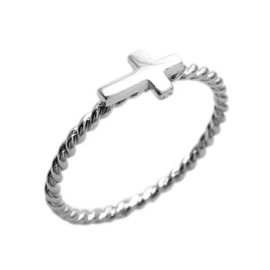 Thin Twisted Band Cross Ring in Sterling Silver.