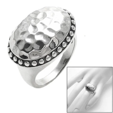 Wide Hammered Oval Button Ring Beaded Border in Sterling Silver.