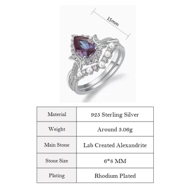 ALLNOEL 1.2CT Alexandrite 925 Silver Rings For Women Pear Cut Engagement Wedding Bridal Set Jewelry June Birthstone Gift For Her - Image 2